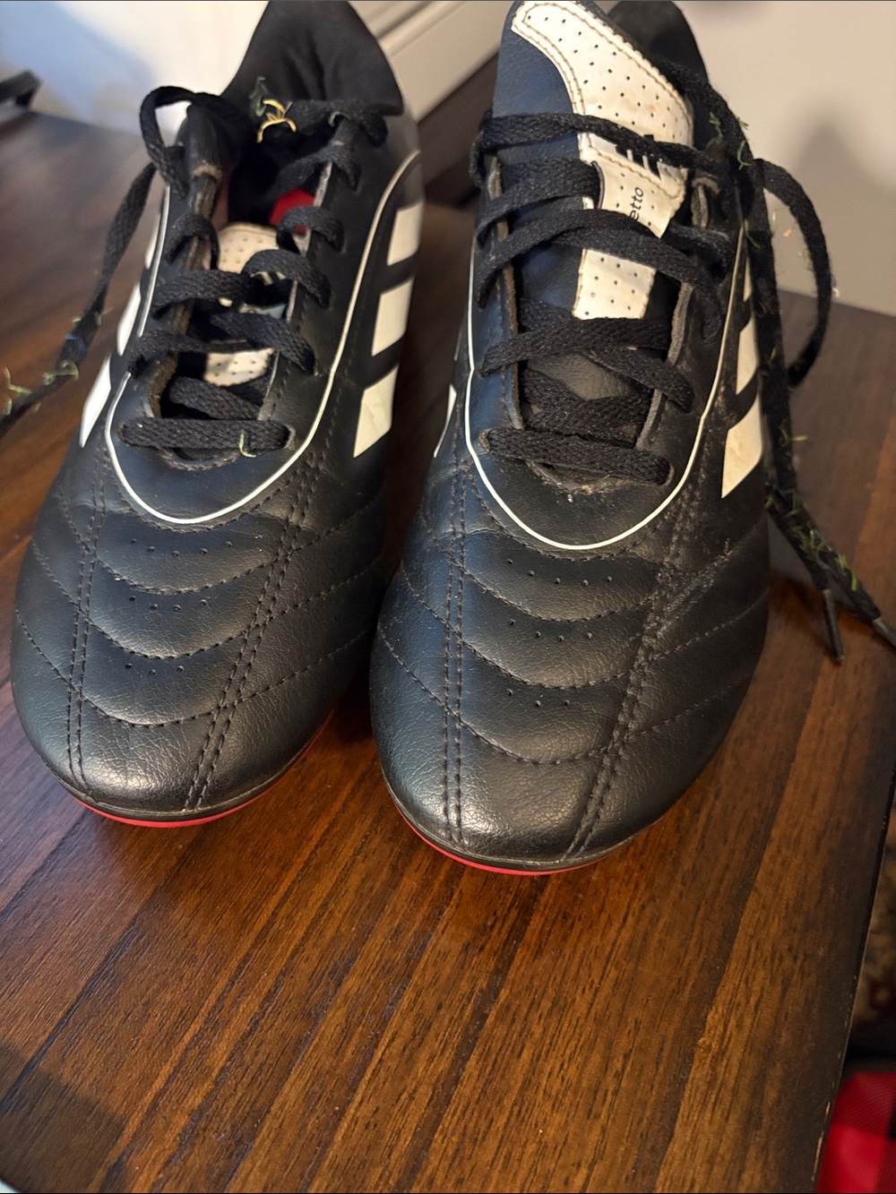 Adidas Black & White Soccer Cleats Shoes with Red Outsole Trim